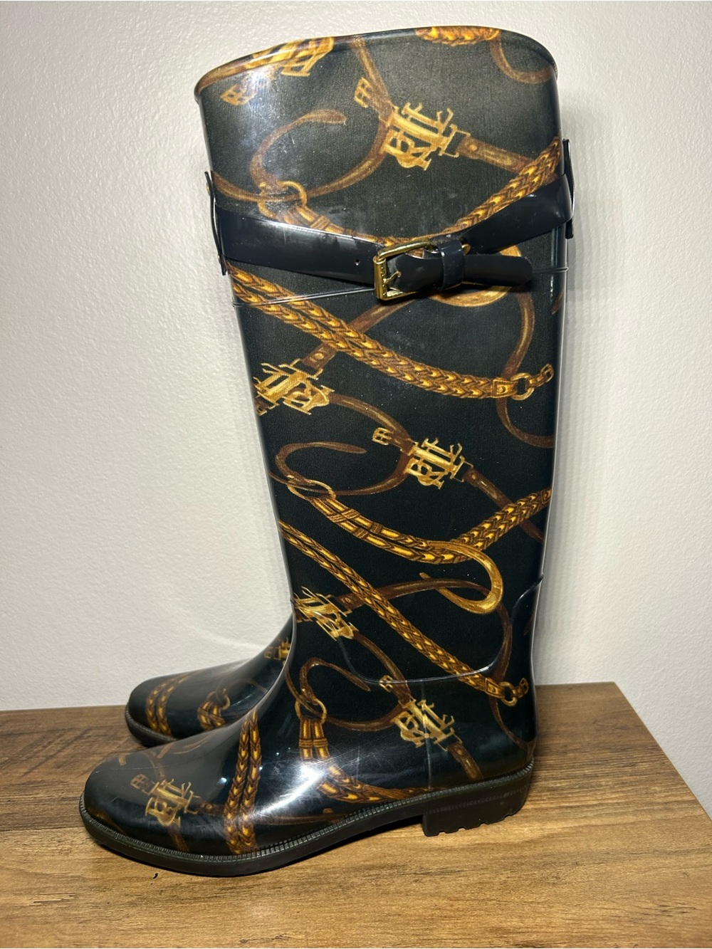 Ralph Lauren Black Rain Boots with Gold Chain Print